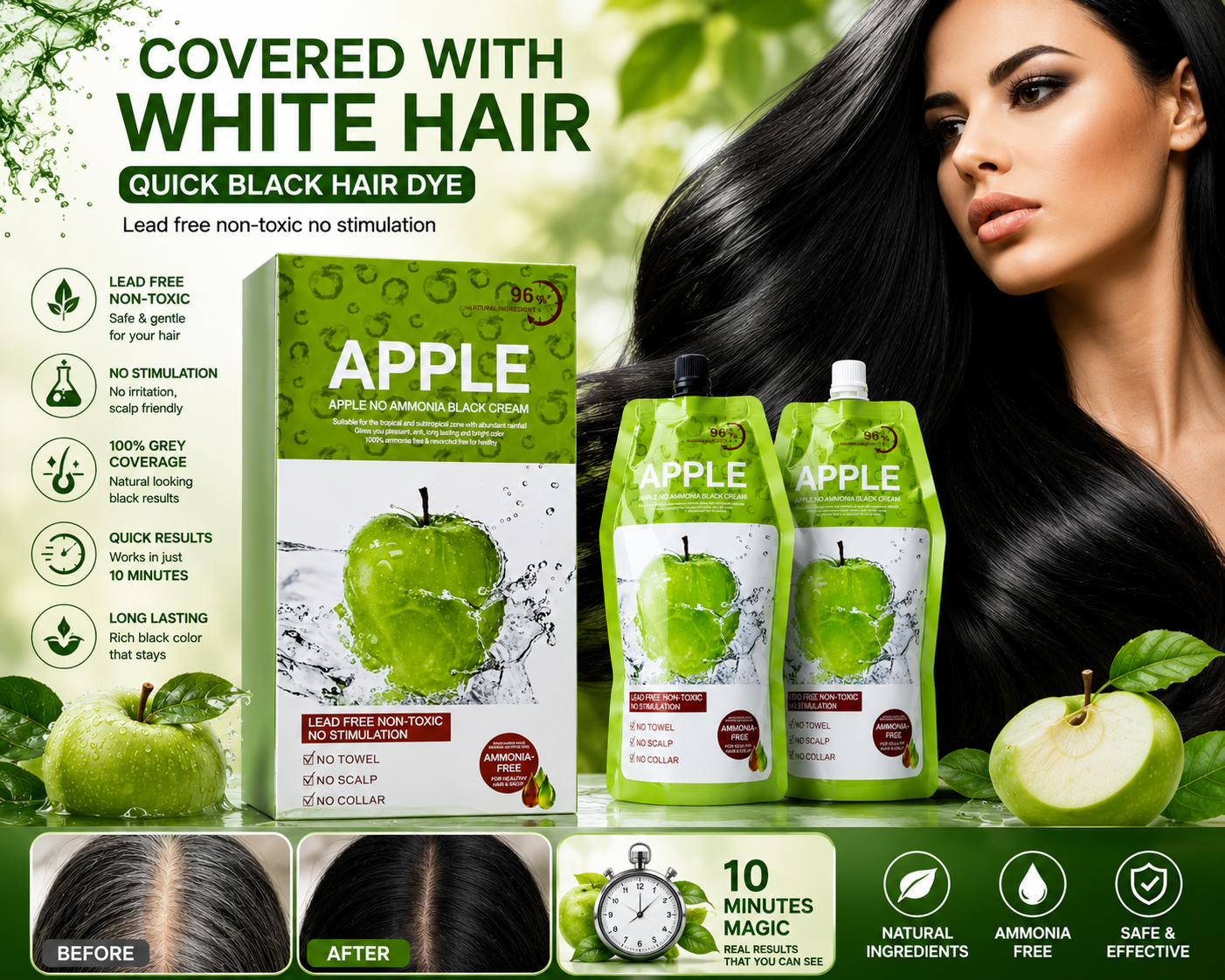 🟢 Product Title  Apple No Ammonia Black Hair Color Cream – Quick Grey Hair Coverage  Short Selling Title  Apple Hair Color – 10 Minute Natural Black Hair Dye